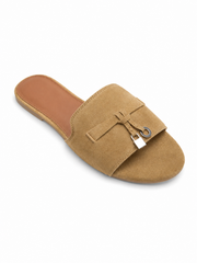 Women’s Minimalist Slide Sandals – Suede Flat Mule Slippers with Buckle Detail