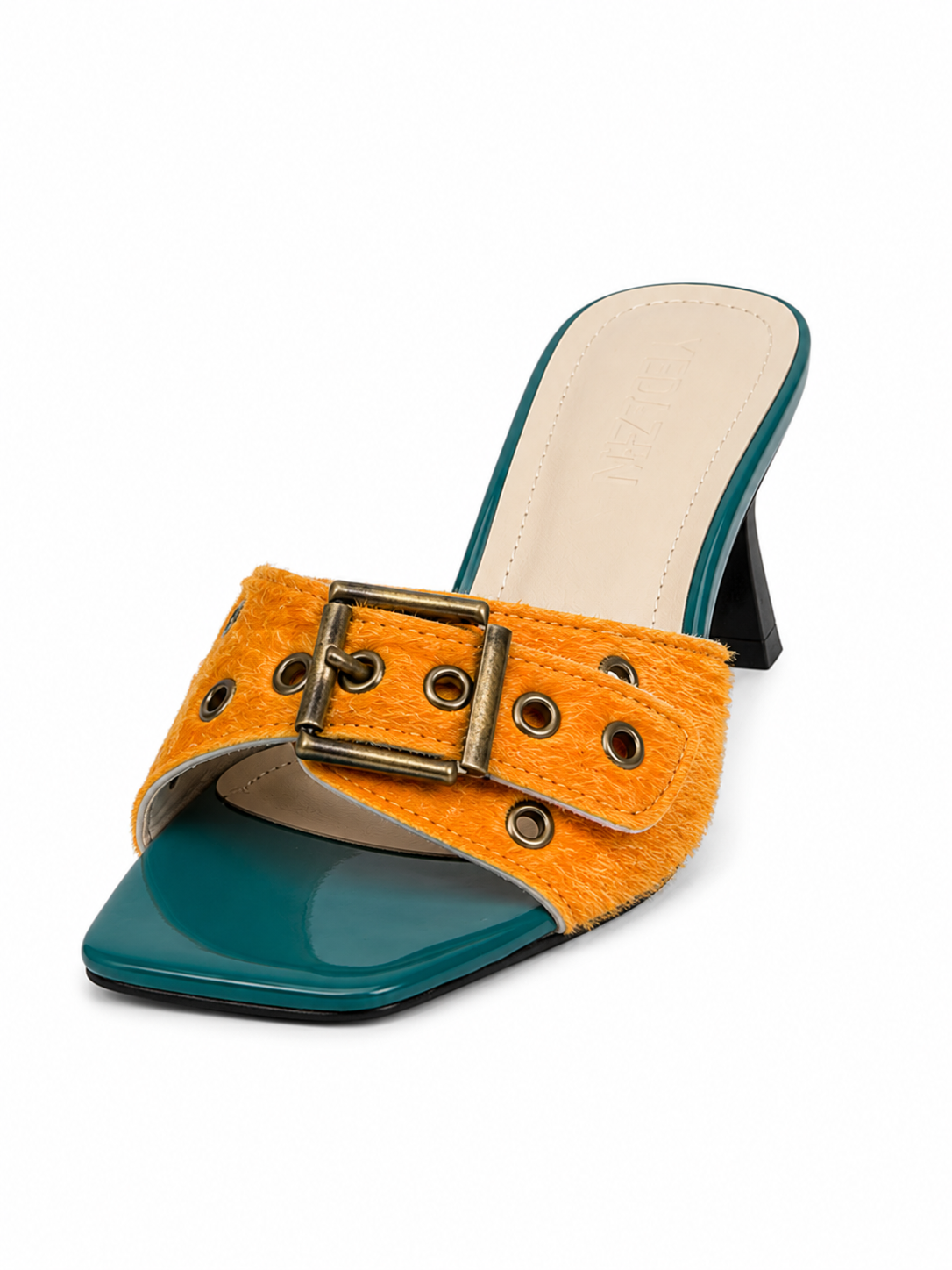 Retro Buckle Mule Heels for Women – Square Toe Kitten Heel Slide Sandals