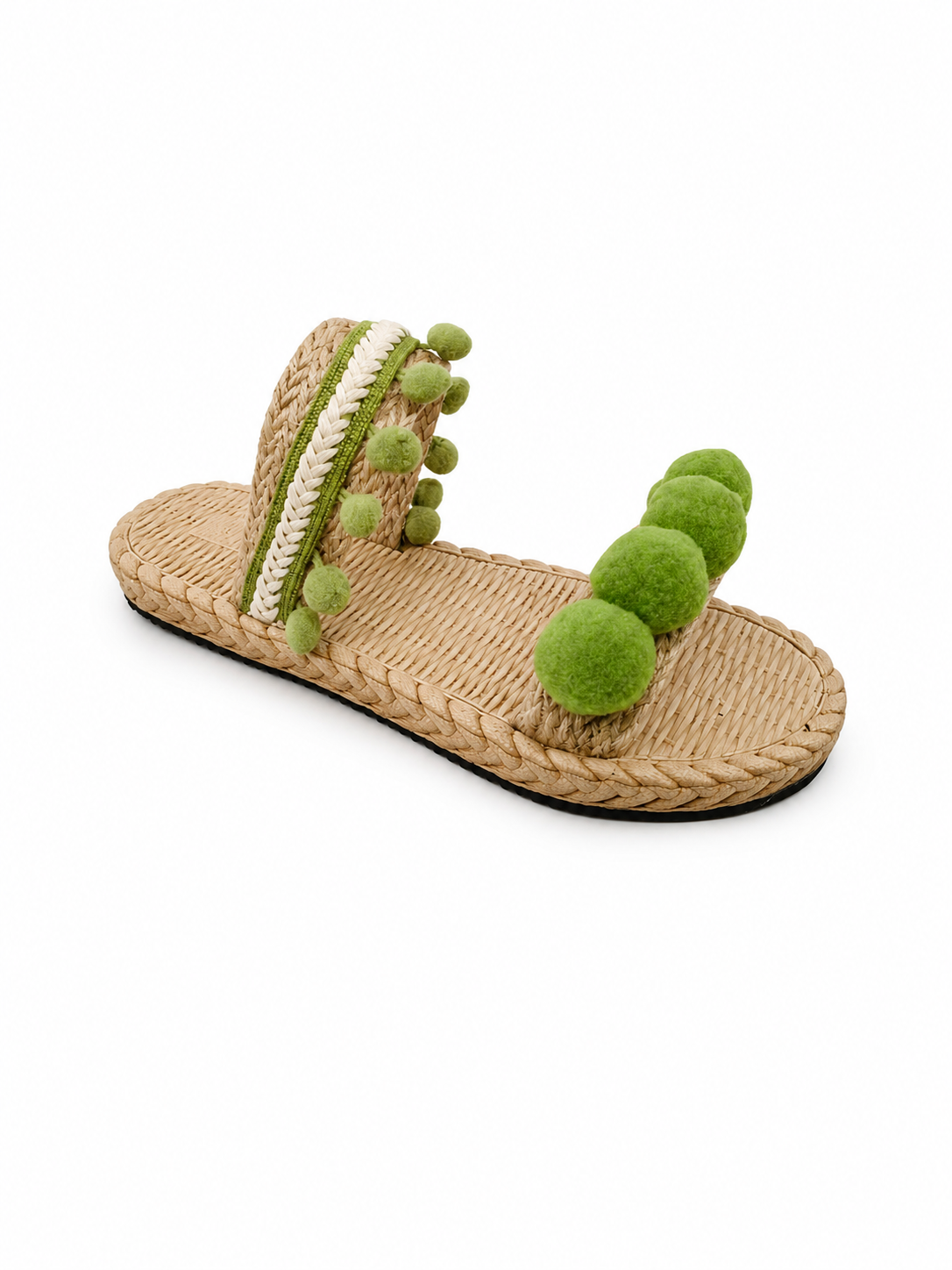 Boho Pom Pom Raffia Sandals for Women – Handmade Woven Flat Summer Slide Sandals