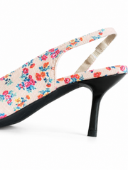 Vintage Floral Slingback Heels for Women – Square Toe Bow Knot Kitten Heel Sandals, Retro Dress Shoes
