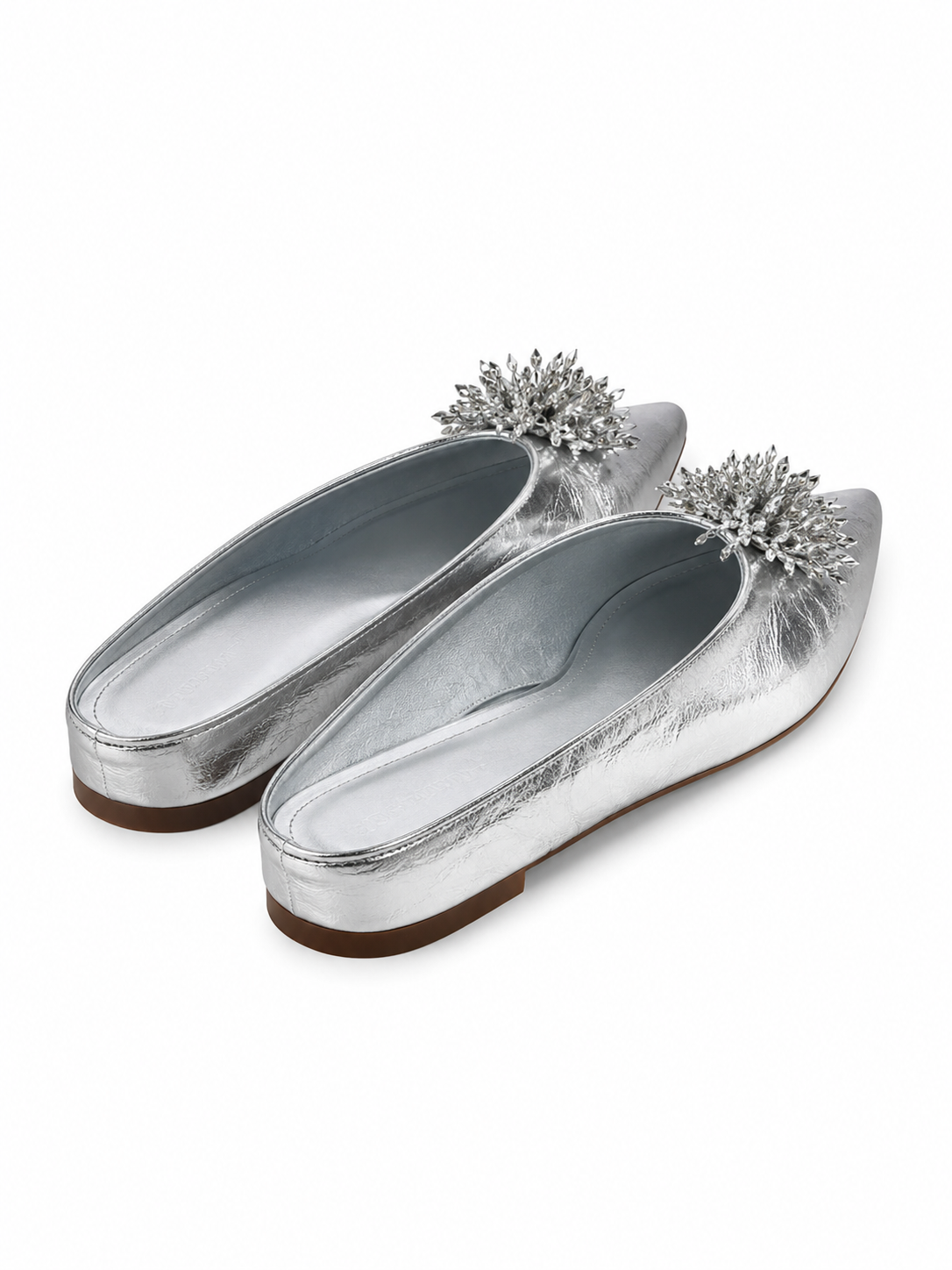 Women’s Rhinestone Mule Flats – Pointed Toe Metallic Slip On Loafers with Crystal Flower Detail