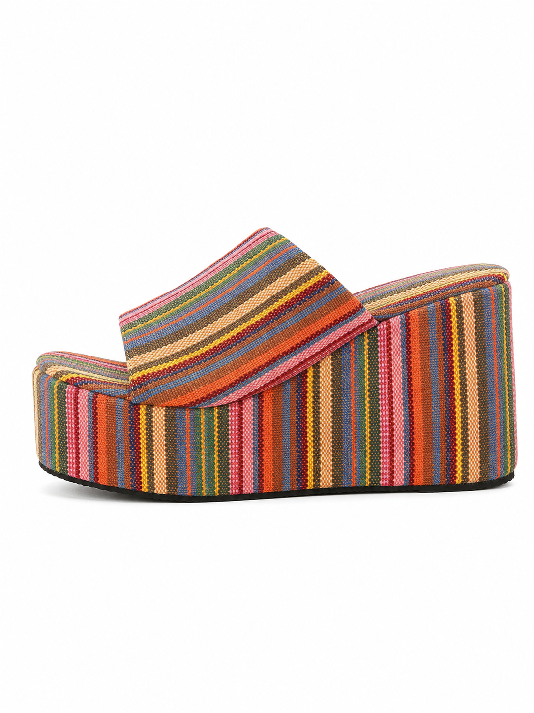 Boho Platform Wedge Slides for Women – Retro Striped Espadrille Slip On Sandals with Thick Sole