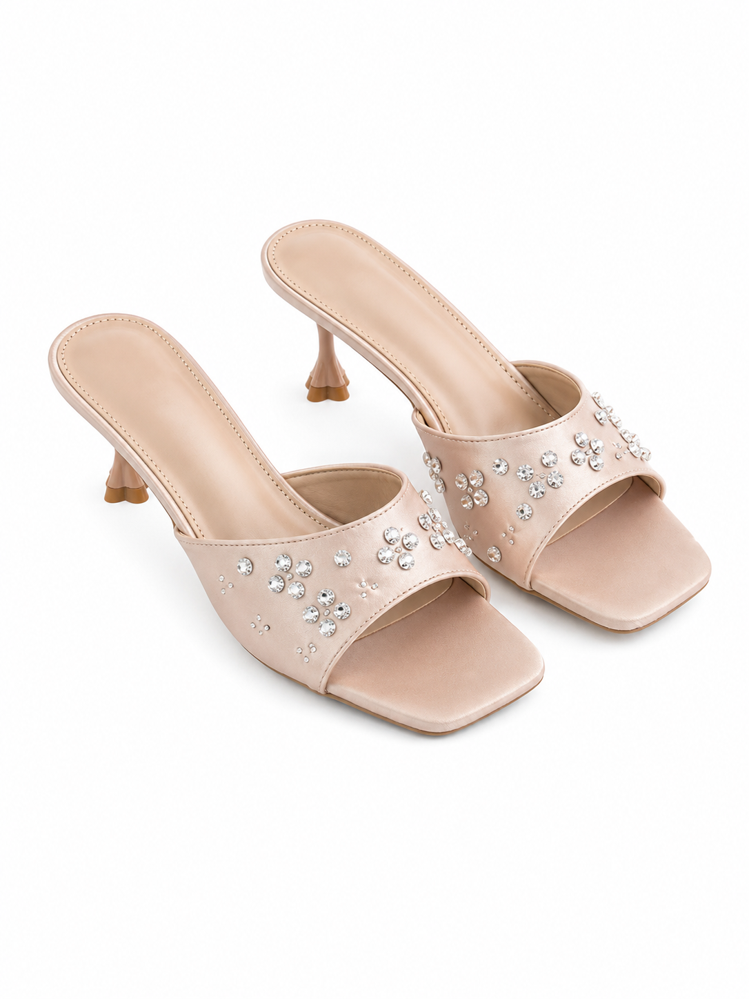 Women’s Rhinestone Kitten Heel Slide Sandals – Elegant Open Toe Mule Heels for Party & Wedding