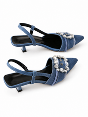 Rhinestone Buckle Slingback Heels for Women – Pointed Toe Denim Kitten Heel Pumps, Vintage Glam Dress Shoes
