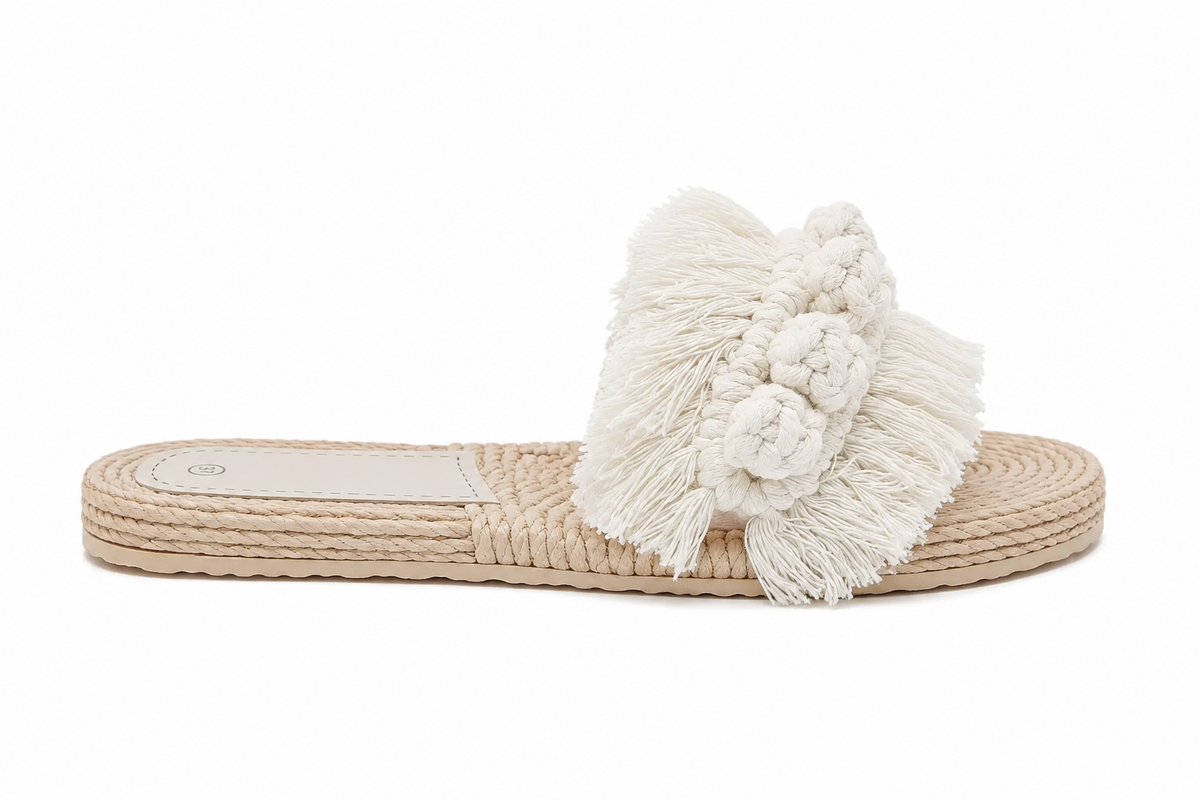 Ivory Fringe Handwoven Slide Sandals