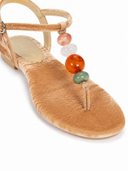 Velvet Beaded T-Strap Sandals