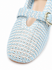 Women’s Woven Mary Jane Flats – Breathable Raffia Knit Ballet Shoes with Buckle Strap