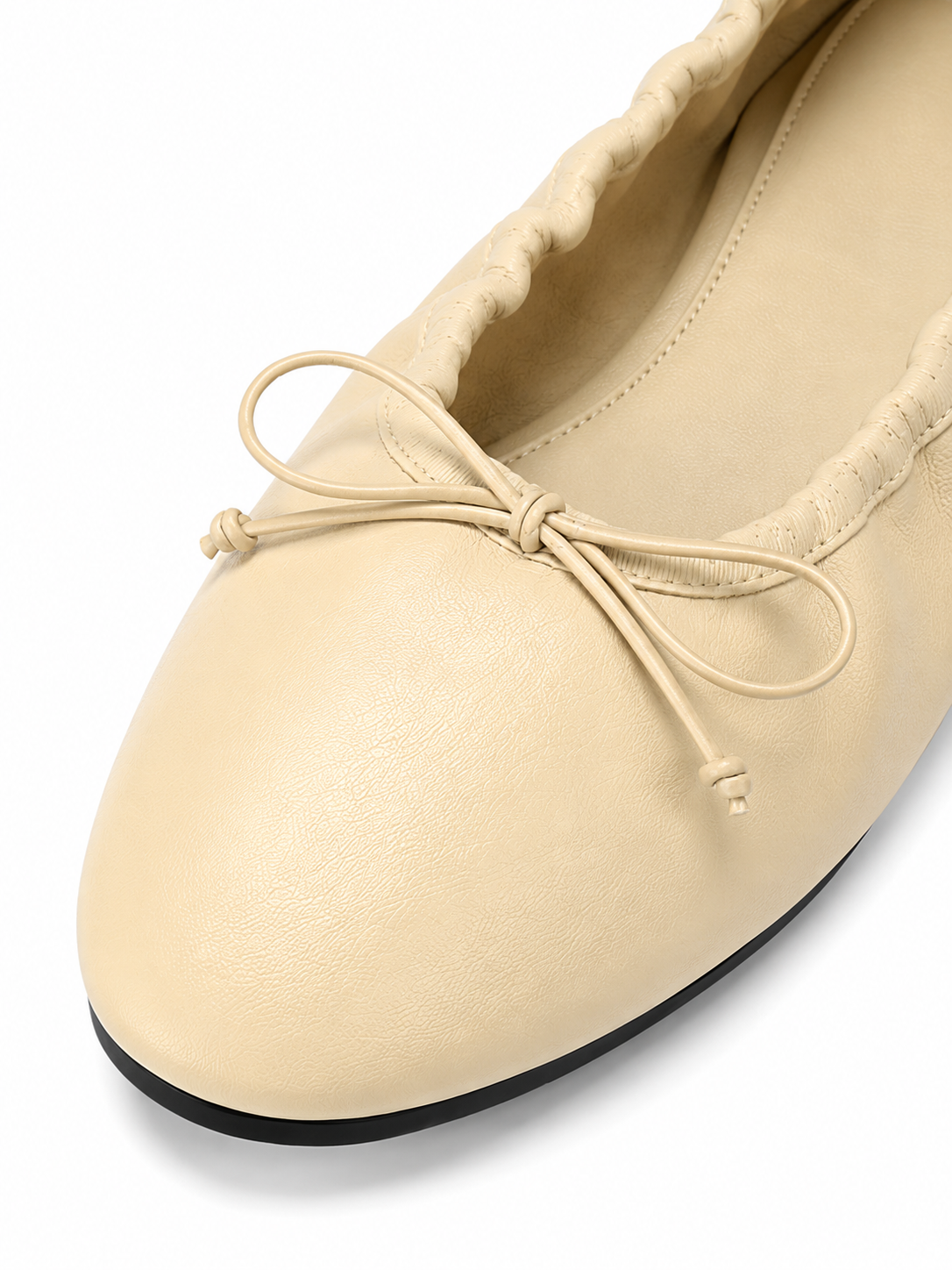 Luna Ruched Leather Ballet Flats – Minimalist Bow Slip-On Shoes for Women
