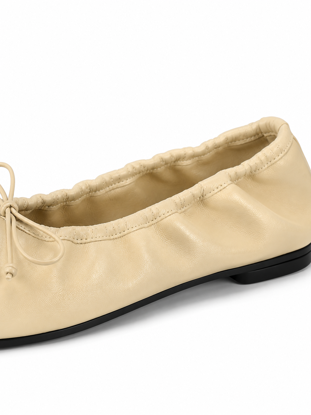 Luna Ruched Leather Ballet Flats – Minimalist Bow Slip-On Shoes for Women