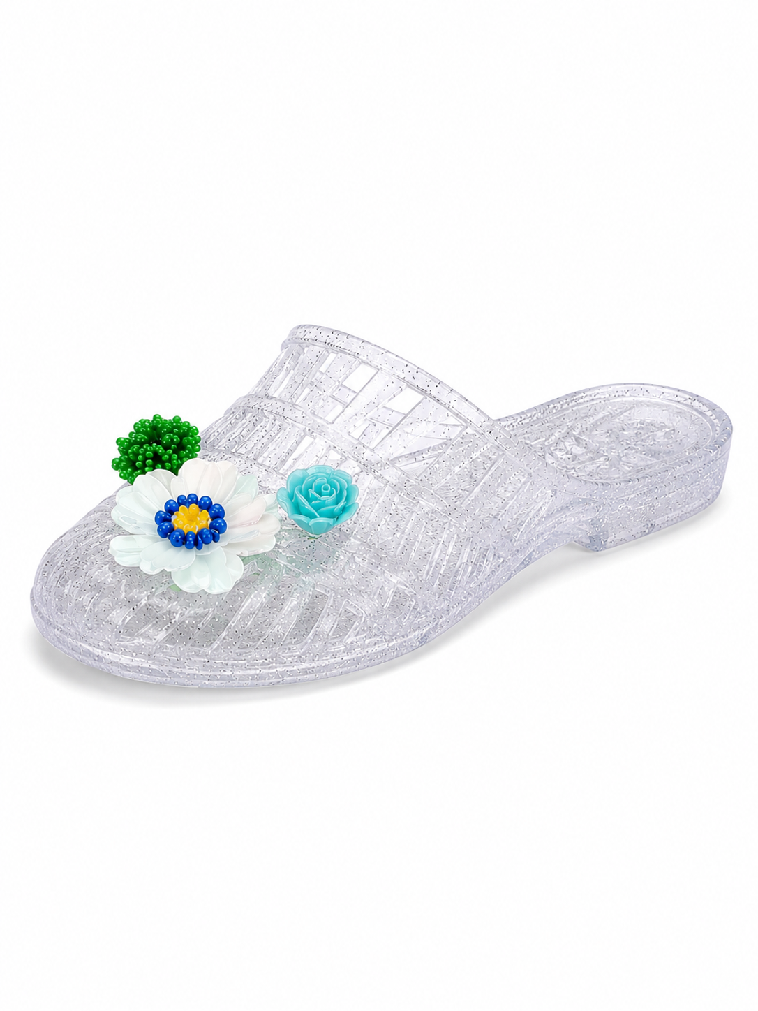 Sparkle Jelly Flower Slides – Transparent Floral Rhinestone Slip-On Sandals for Women