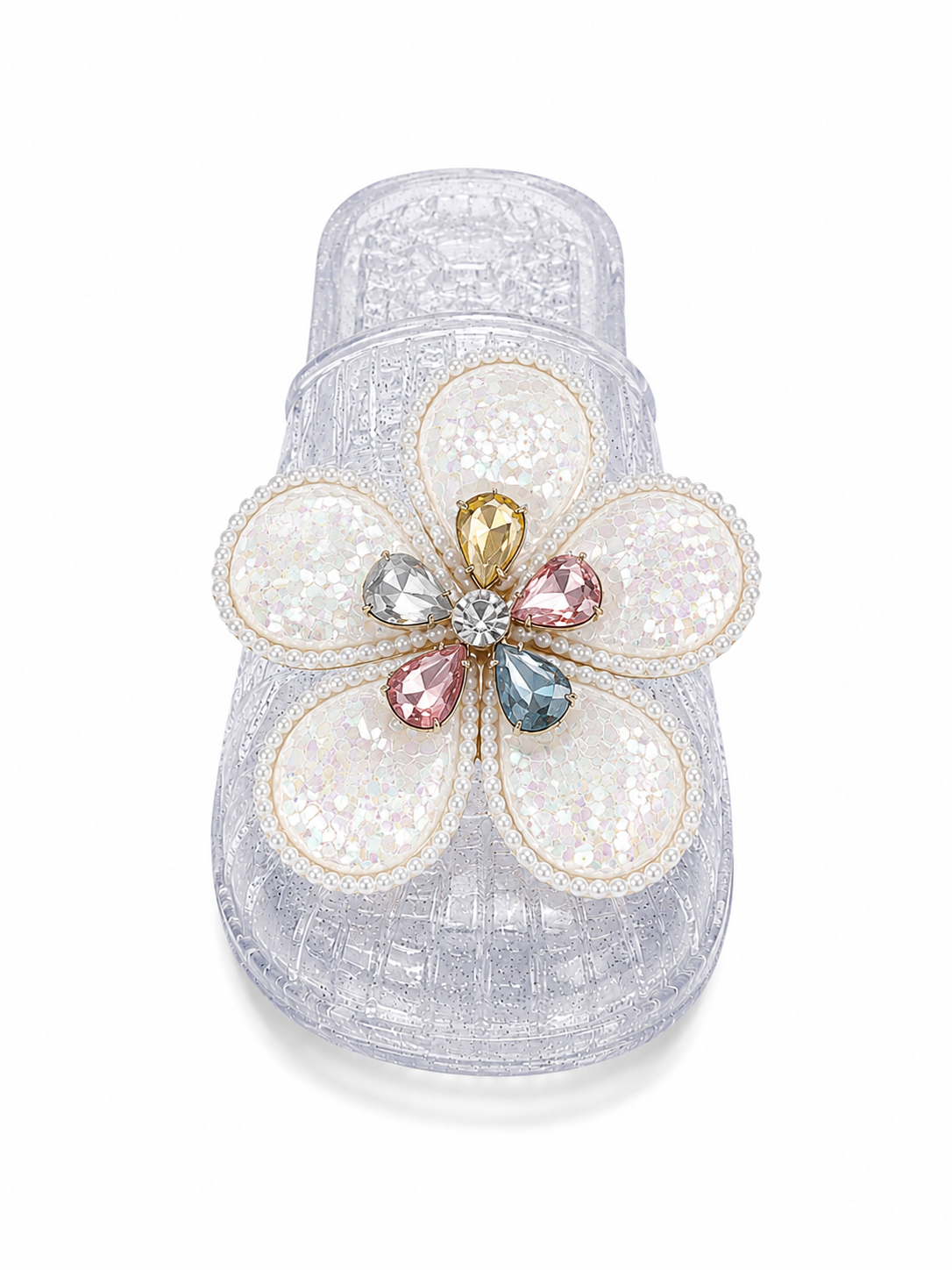 Sparkle Jelly Flower Slides – Transparent Floral Rhinestone Slip-On Sandals for Women