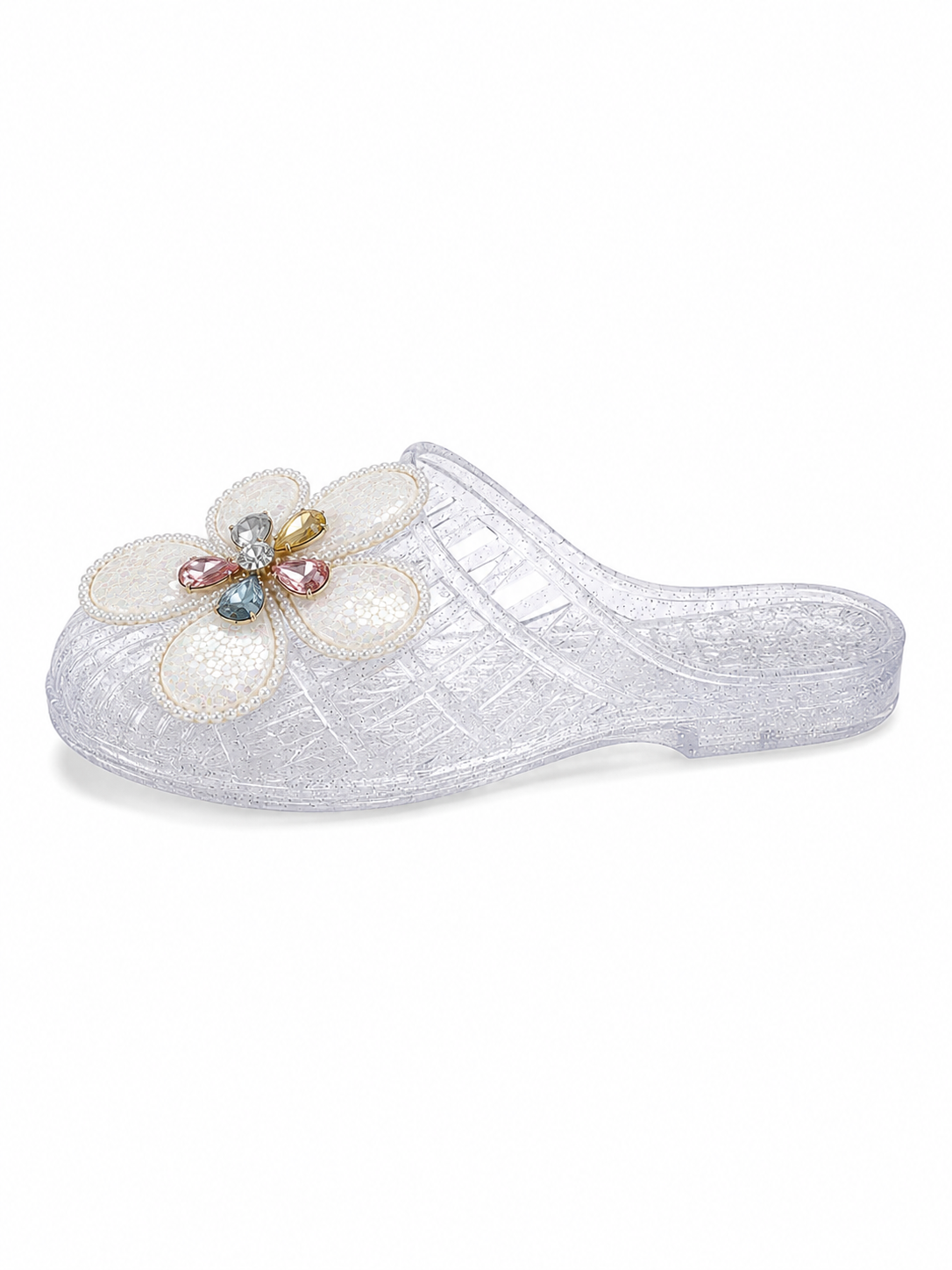 Sparkle Jelly Flower Slides – Transparent Floral Rhinestone Slip-On Sandals for Women