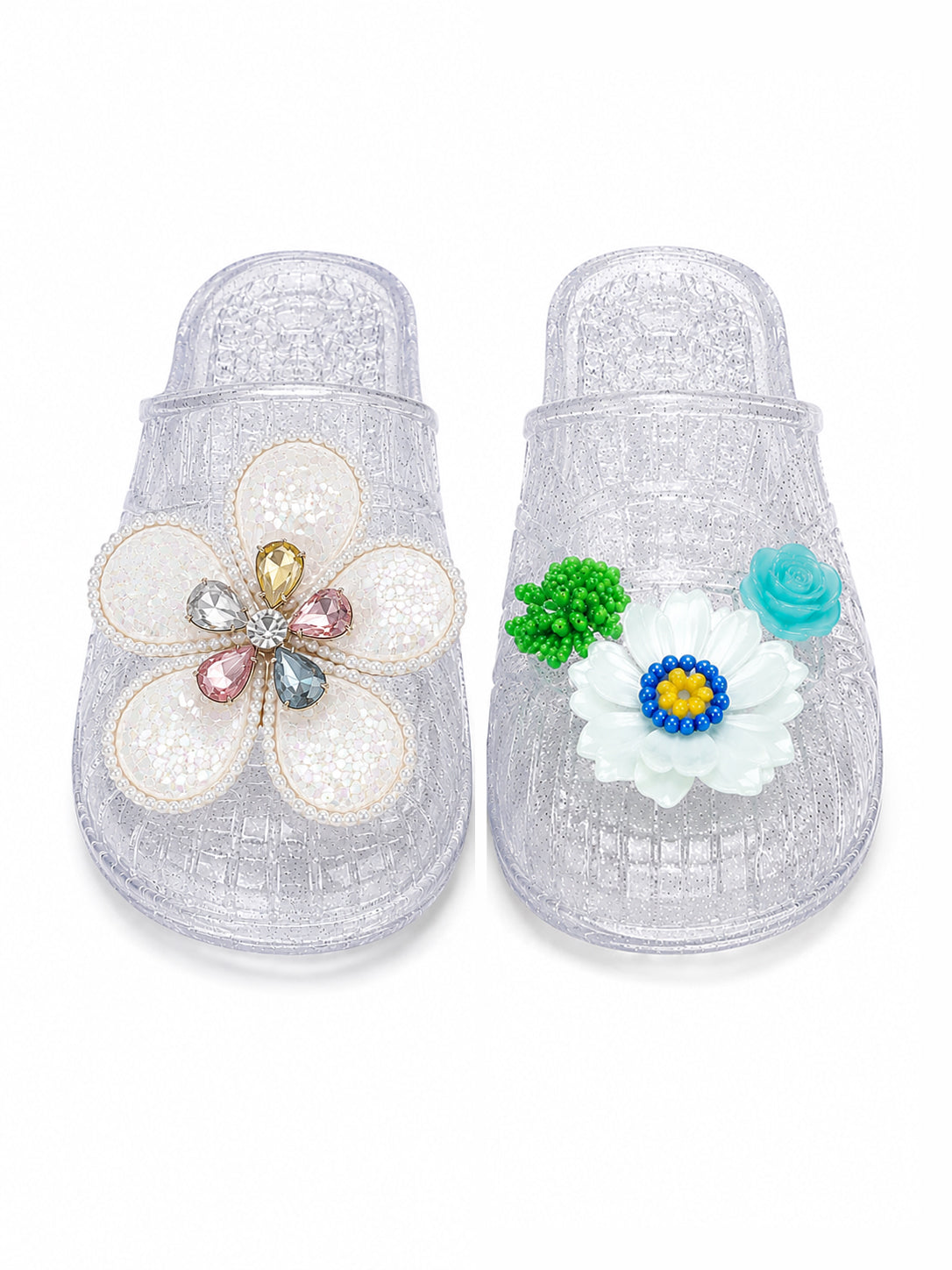 Sparkle Jelly Flower Slides – Transparent Floral Rhinestone Slip-On Sandals for Women