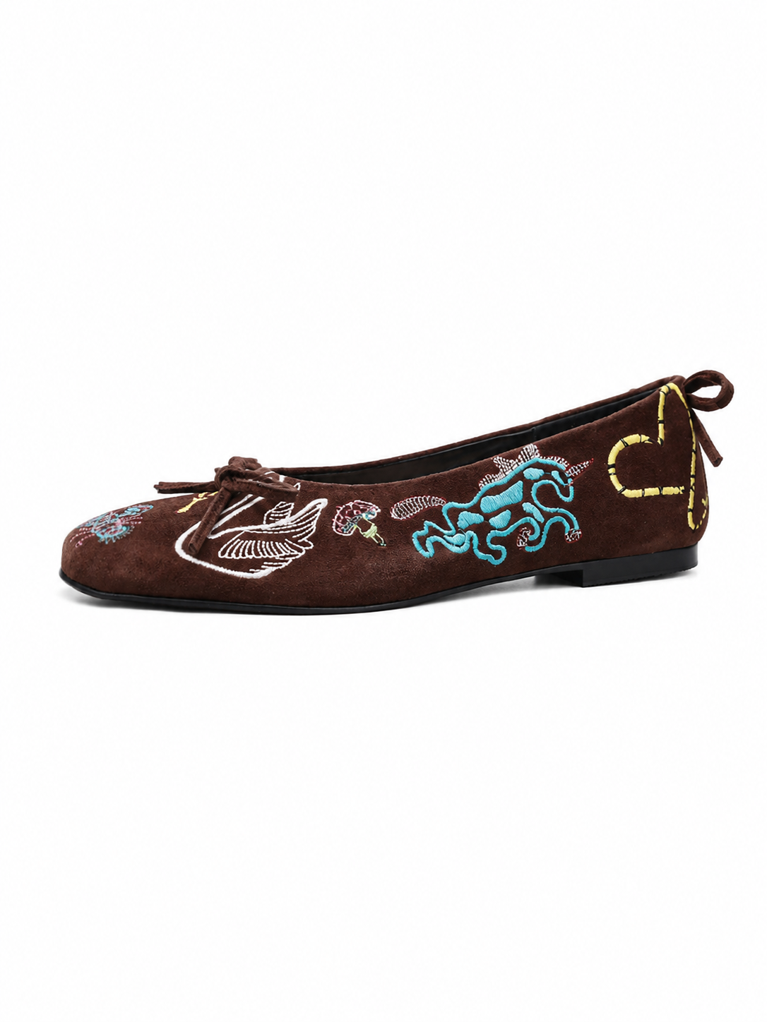 Vintage Embroidered Ballet Flats for Women – Retro Suede Bow Tie Slip On Loafers