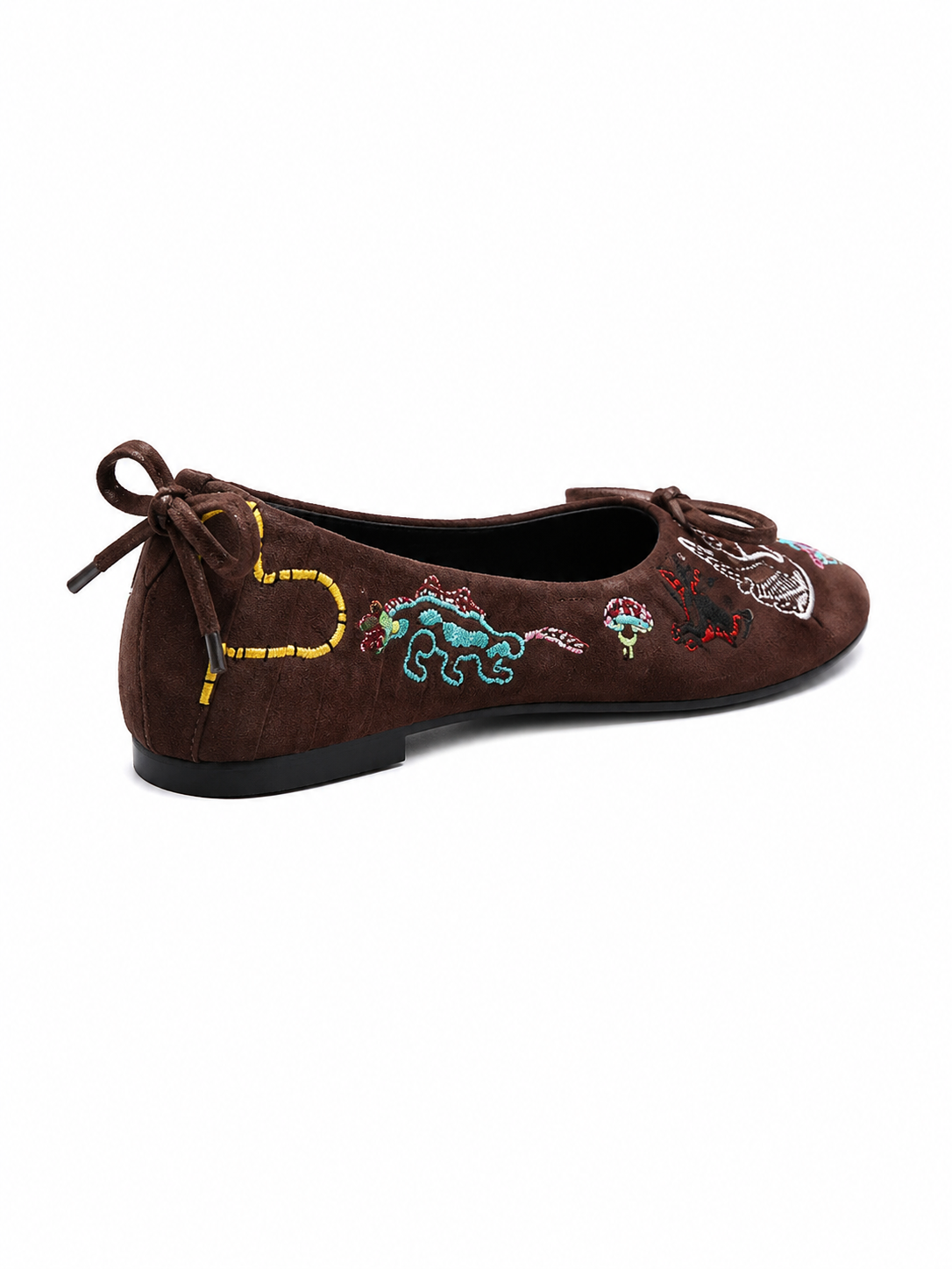 Vintage Embroidered Ballet Flats for Women – Retro Suede Bow Tie Slip On Loafers