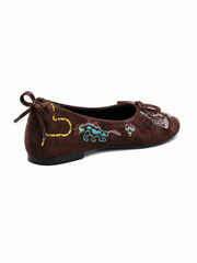 Vintage Embroidered Ballet Flats for Women – Retro Suede Bow Tie Slip On Loafers