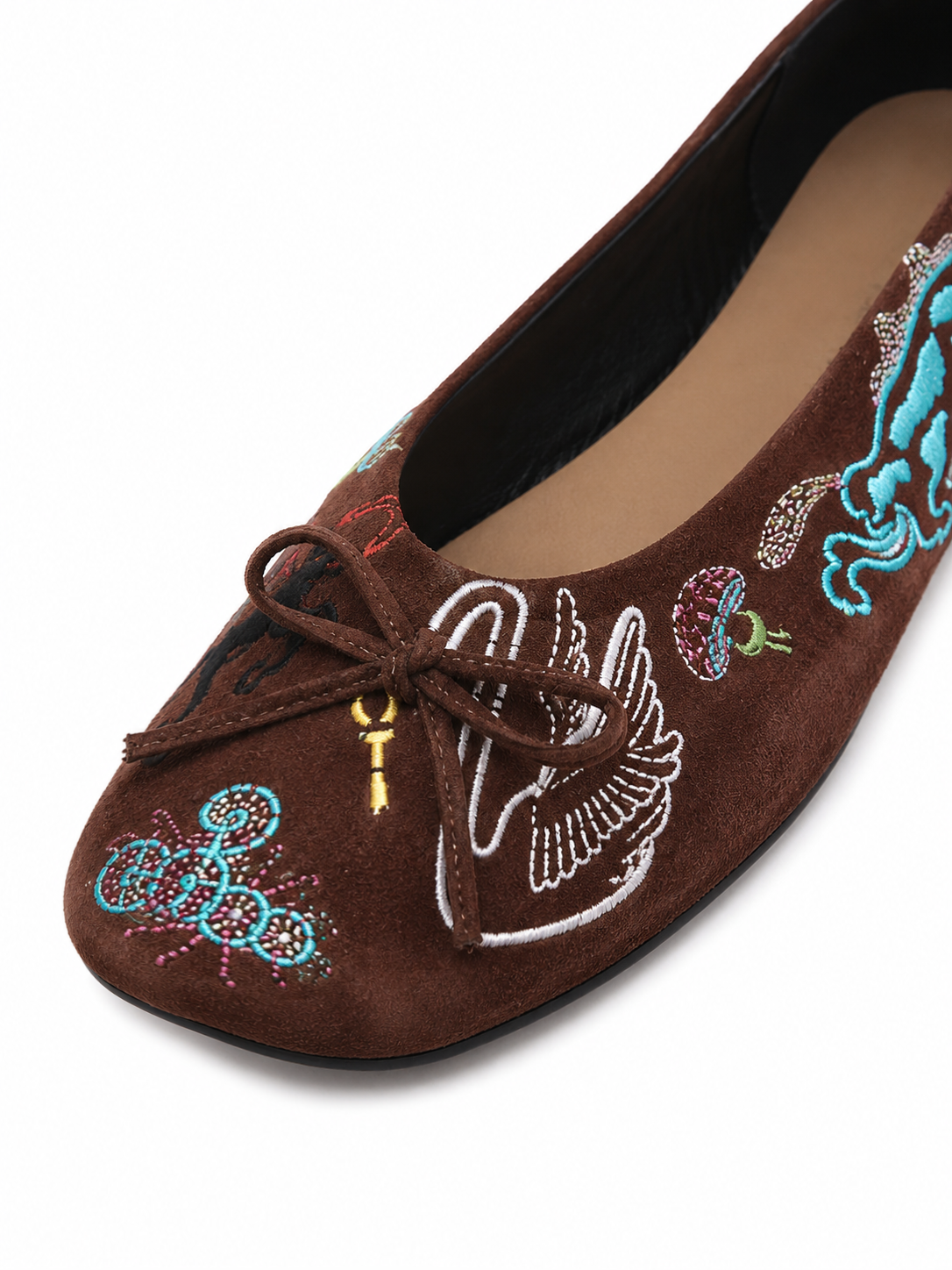 Vintage Embroidered Ballet Flats for Women – Retro Suede Bow Tie Slip On Loafers