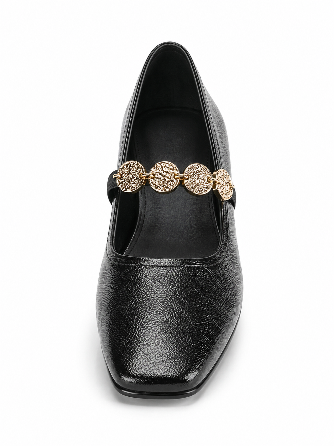 Vintage Gold Chain Mary Jane Flats – Square Toe Soft Leather Ballet Shoes for Women