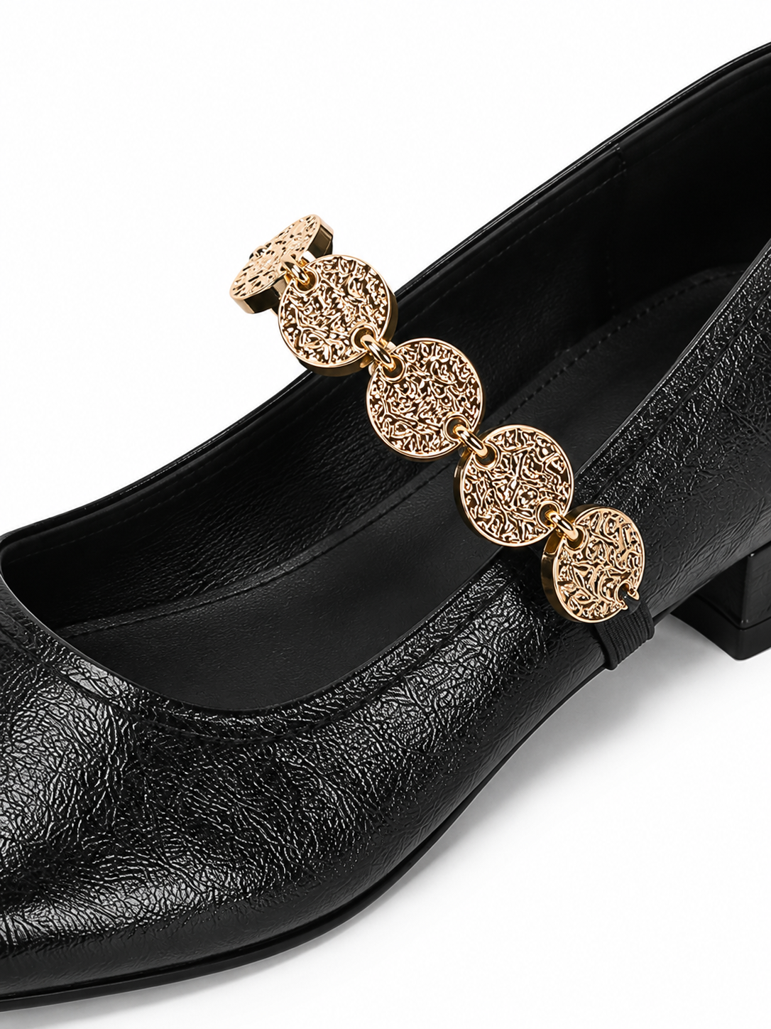 Vintage Gold Chain Mary Jane Flats – Square Toe Soft Leather Ballet Shoes for Women