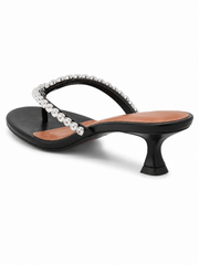 Rhinestone Kitten Heel Flip Flop Sandals – Square Toe Dressy Thong Mules for Women