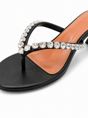 Rhinestone Kitten Heel Flip Flop Sandals – Square Toe Dressy Thong Mules for Women
