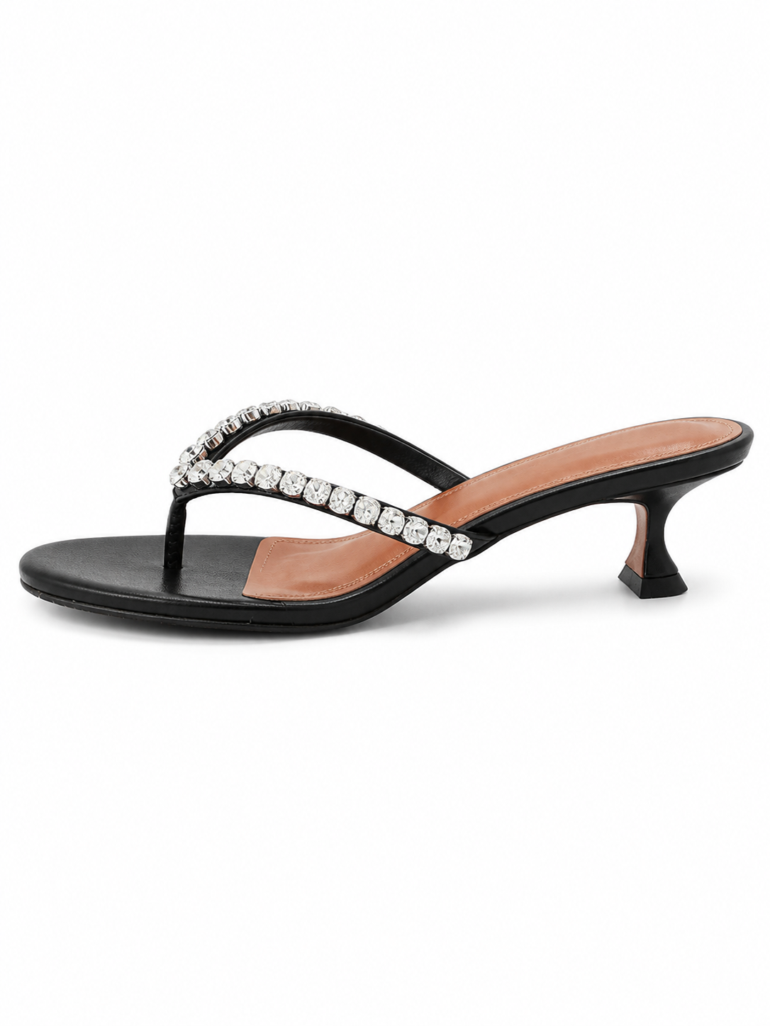 Rhinestone Kitten Heel Flip Flop Sandals – Square Toe Dressy Thong Mules for Women