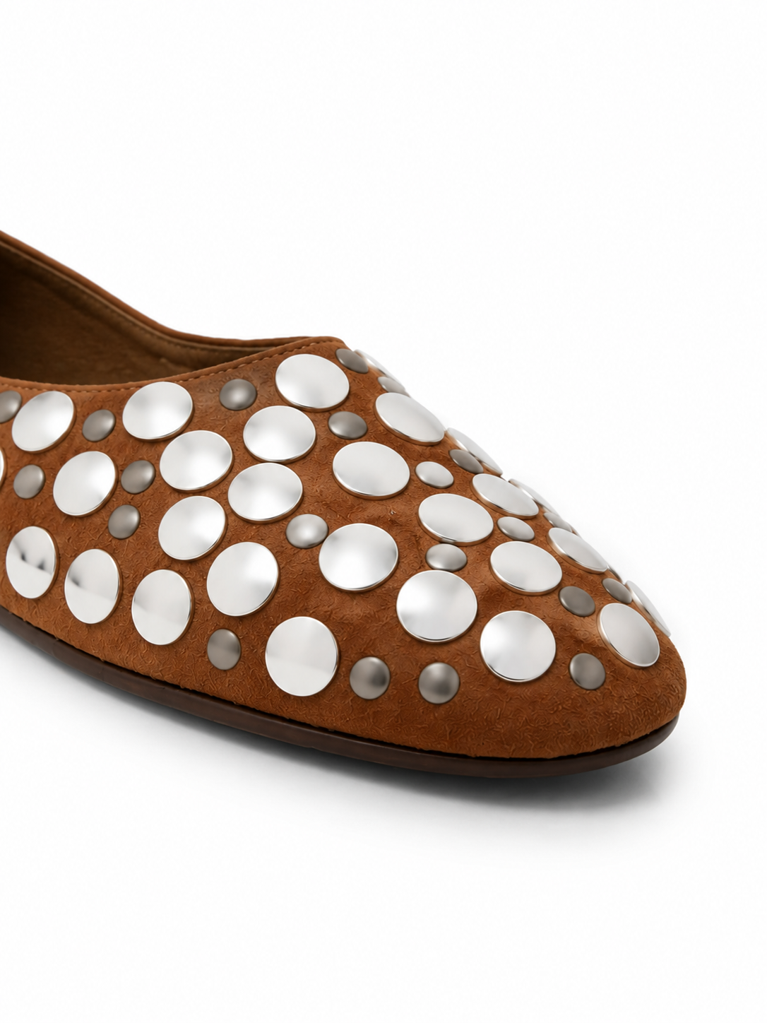 Studded Brown Suede Flats – Women's Casual Slip-On Loafers with Metallic Stud Detail