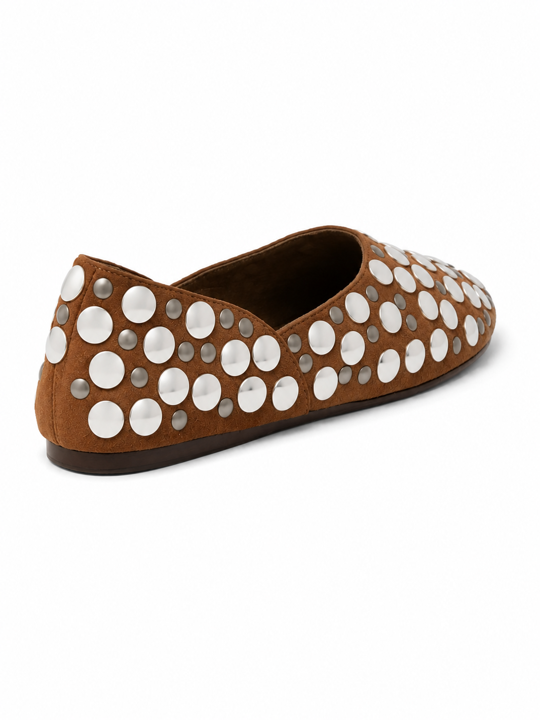 Studded Brown Suede Flats – Women's Casual Slip-On Loafers with Metallic Stud Detail