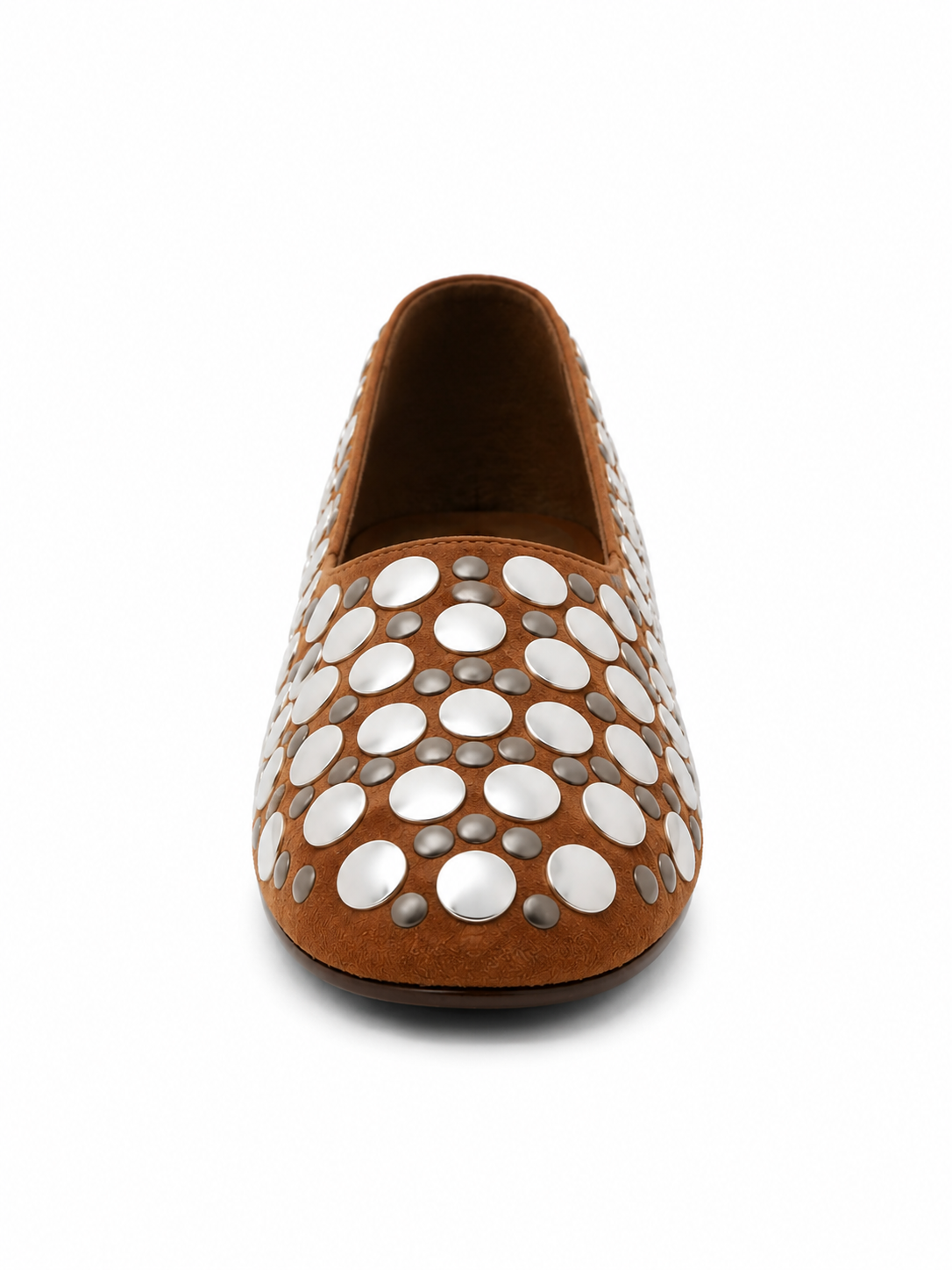Studded Brown Suede Flats – Women's Casual Slip-On Loafers with Metallic Stud Detail
