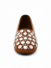 Studded Brown Suede Flats – Women's Casual Slip-On Loafers with Metallic Stud Detail