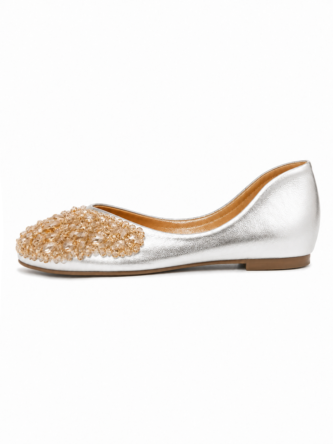 Embellished Metallic Ballet Flats with Crystal Beaded Toe
