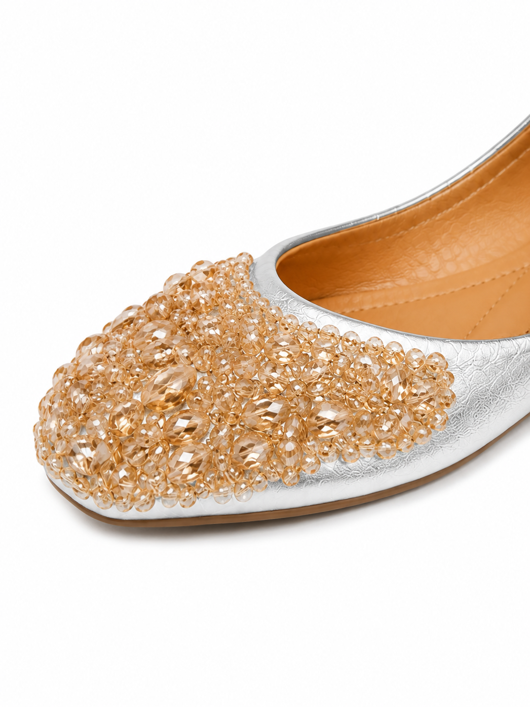 Embellished Metallic Ballet Flats with Crystal Beaded Toe