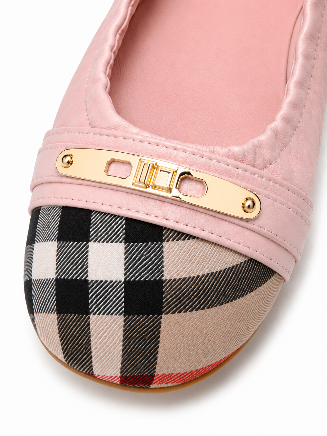 Women’s Genuine Leather Foldable Ballet Flats – Plaid Cap Toe Travel Shoes