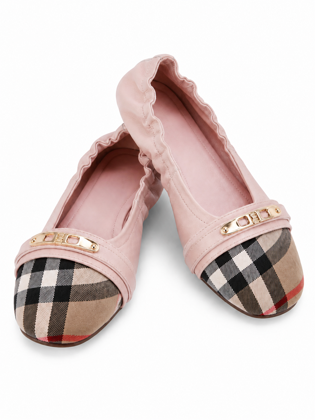 Women’s Genuine Leather Foldable Ballet Flats – Plaid Cap Toe Travel Shoes