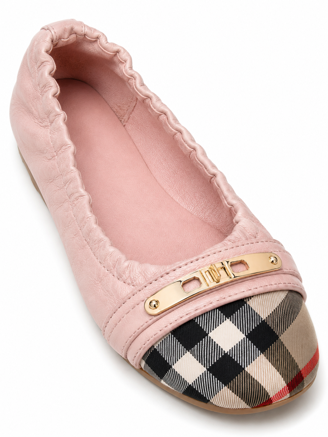 Women’s Genuine Leather Foldable Ballet Flats – Plaid Cap Toe Travel Shoes