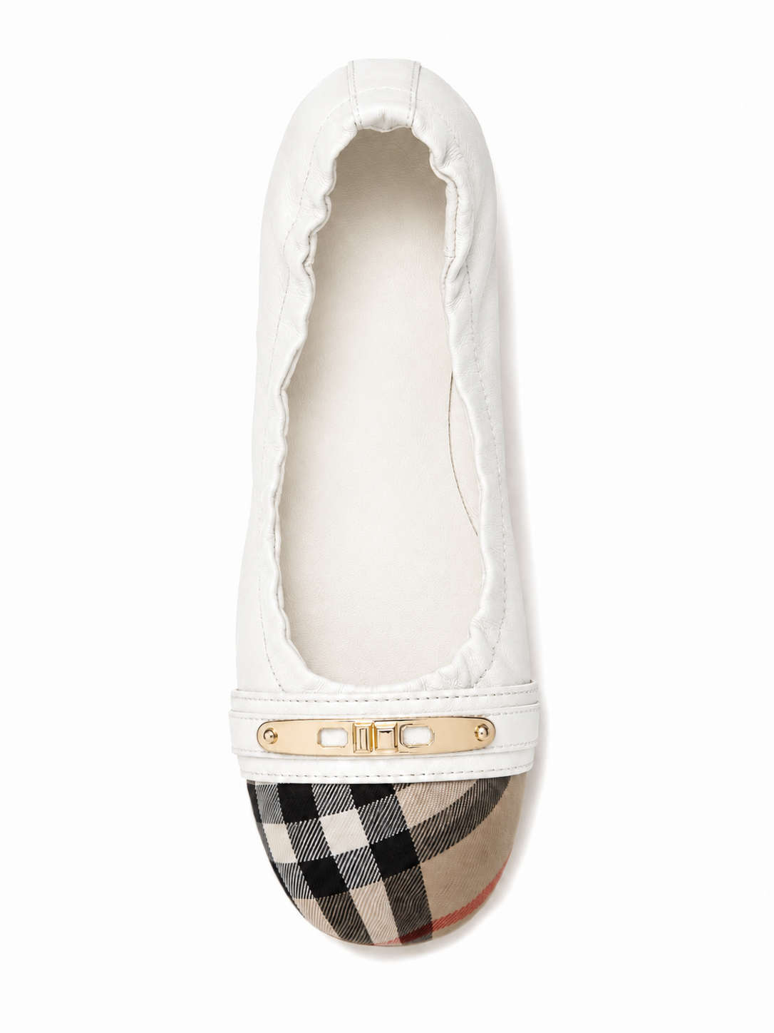 Women’s Genuine Leather Foldable Ballet Flats – Plaid Cap Toe Travel Shoes