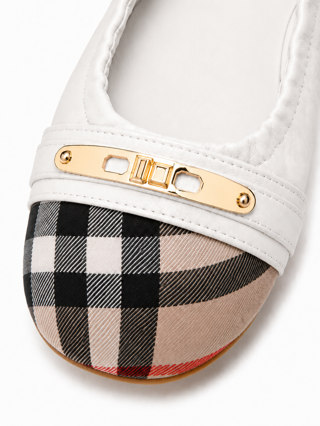 Women’s Genuine Leather Foldable Ballet Flats – Plaid Cap Toe Travel Shoes