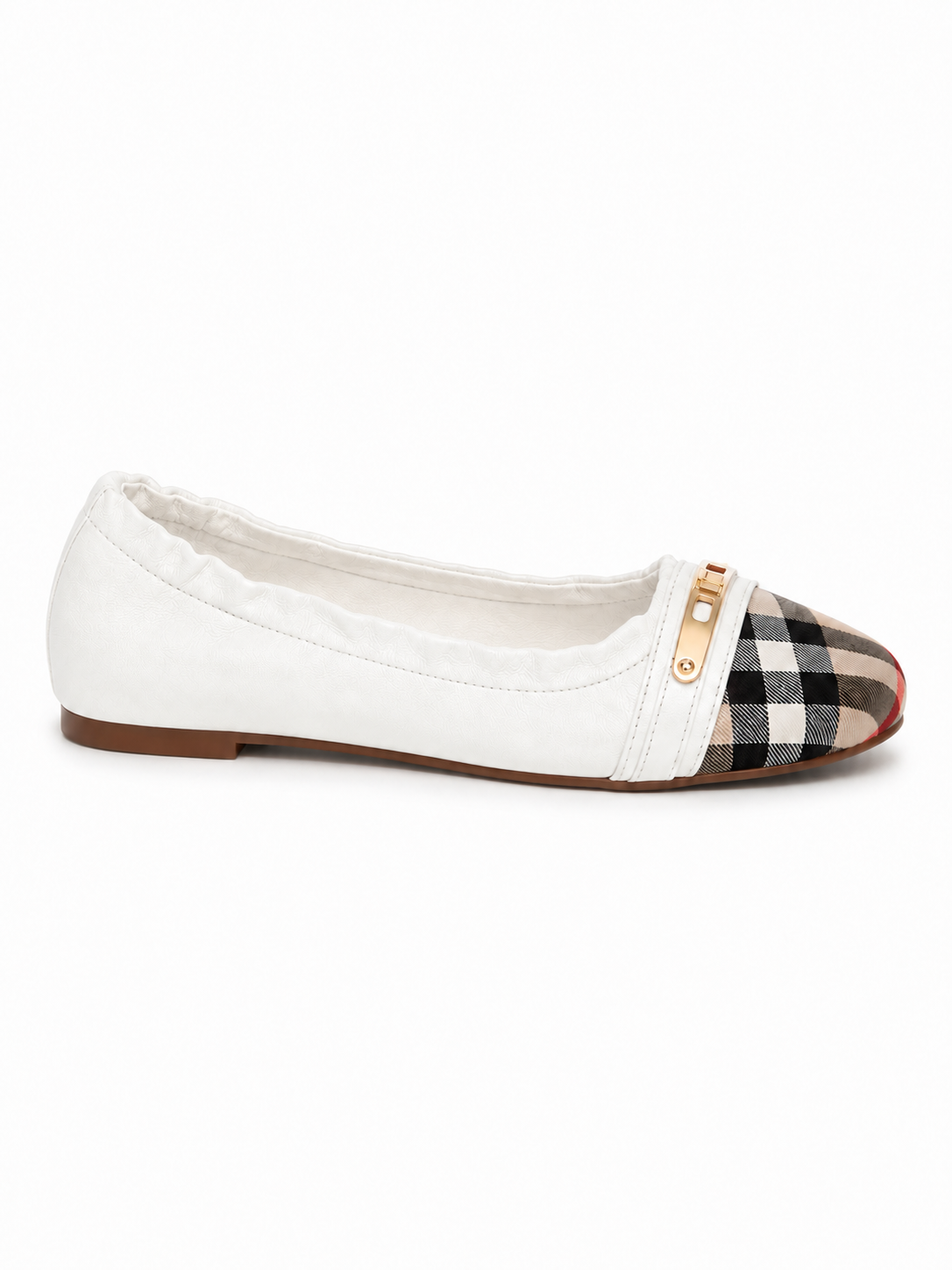 Women’s Genuine Leather Foldable Ballet Flats – Plaid Cap Toe Travel Shoes