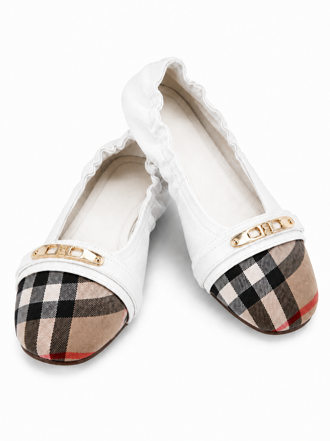 Women’s Genuine Leather Foldable Ballet Flats – Plaid Cap Toe Travel Shoes