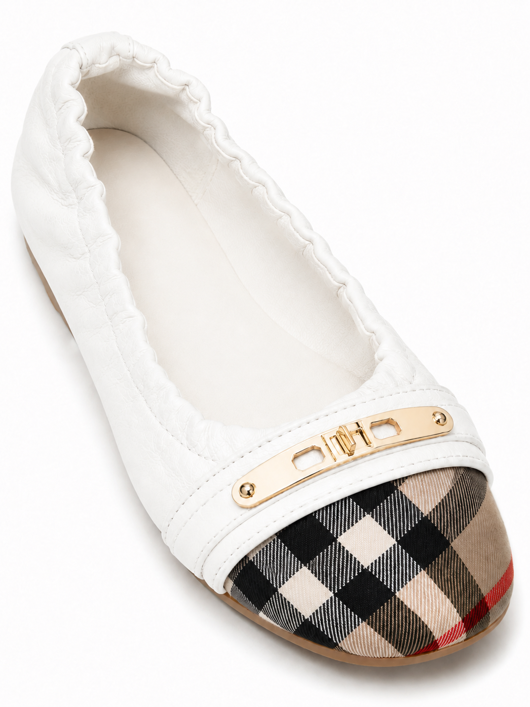 Women’s Genuine Leather Foldable Ballet Flats – Plaid Cap Toe Travel Shoes