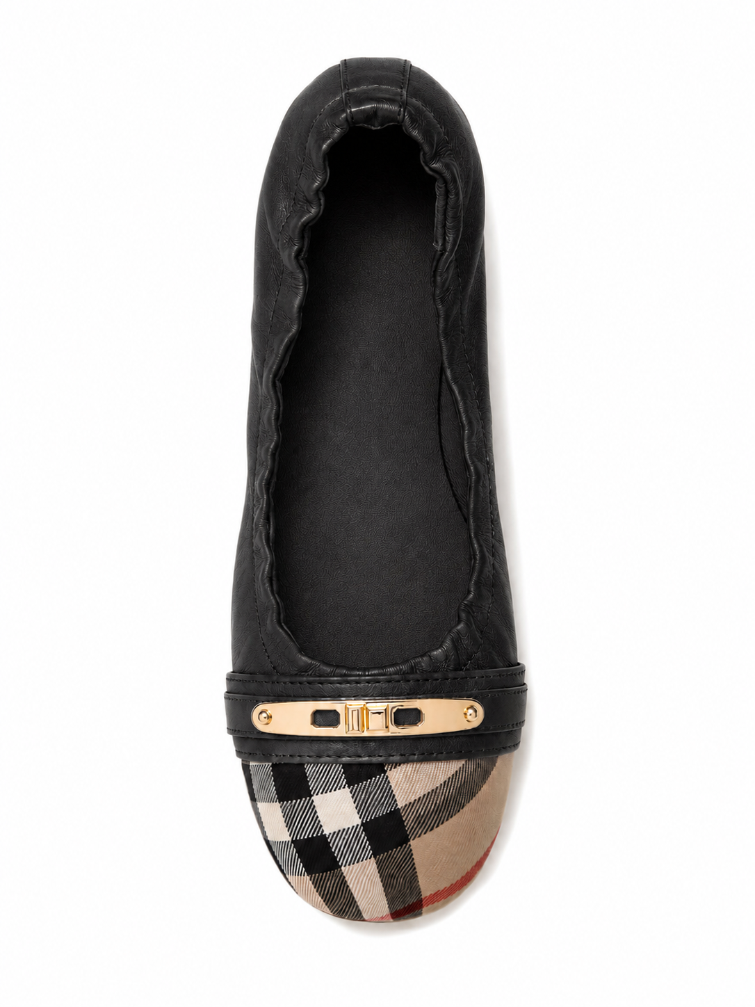 Women’s Genuine Leather Foldable Ballet Flats – Plaid Cap Toe Travel Shoes