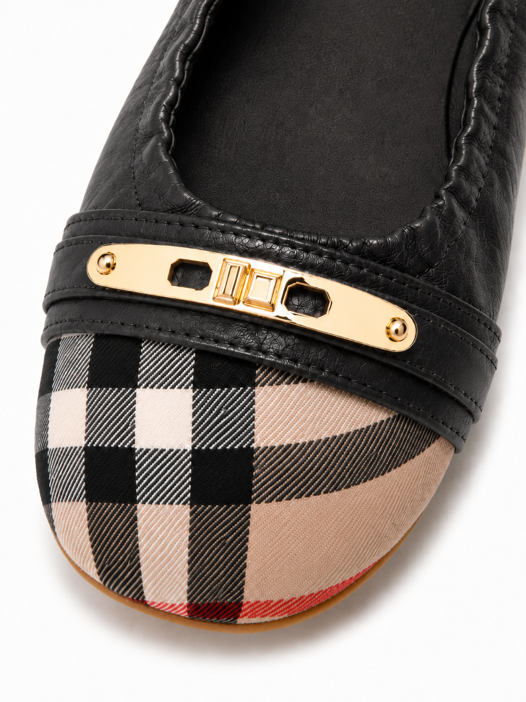 Women’s Genuine Leather Foldable Ballet Flats – Plaid Cap Toe Travel Shoes