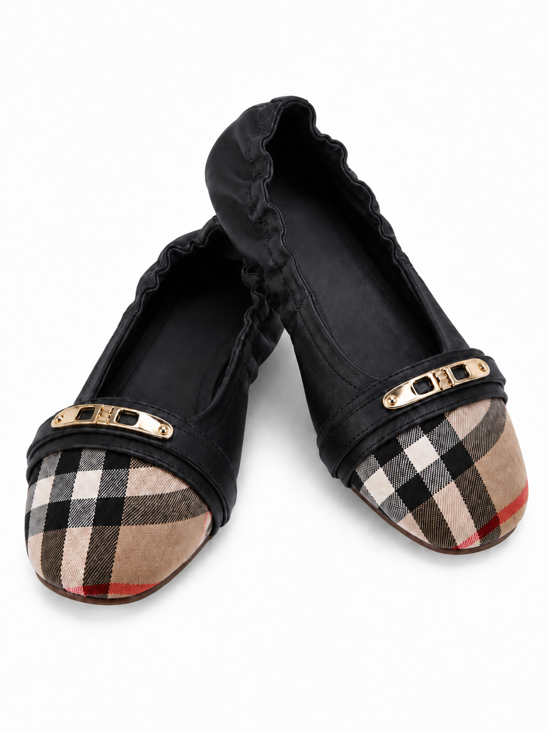 Women’s Genuine Leather Foldable Ballet Flats – Plaid Cap Toe Travel Shoes