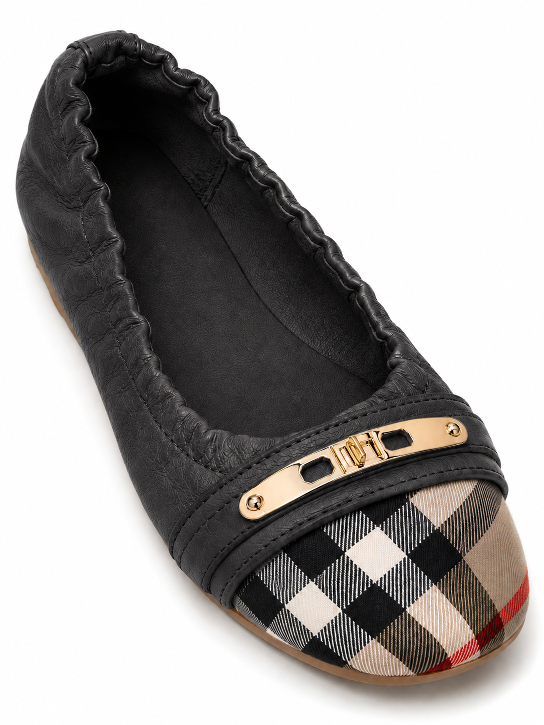 Women’s Genuine Leather Foldable Ballet Flats – Plaid Cap Toe Travel Shoes