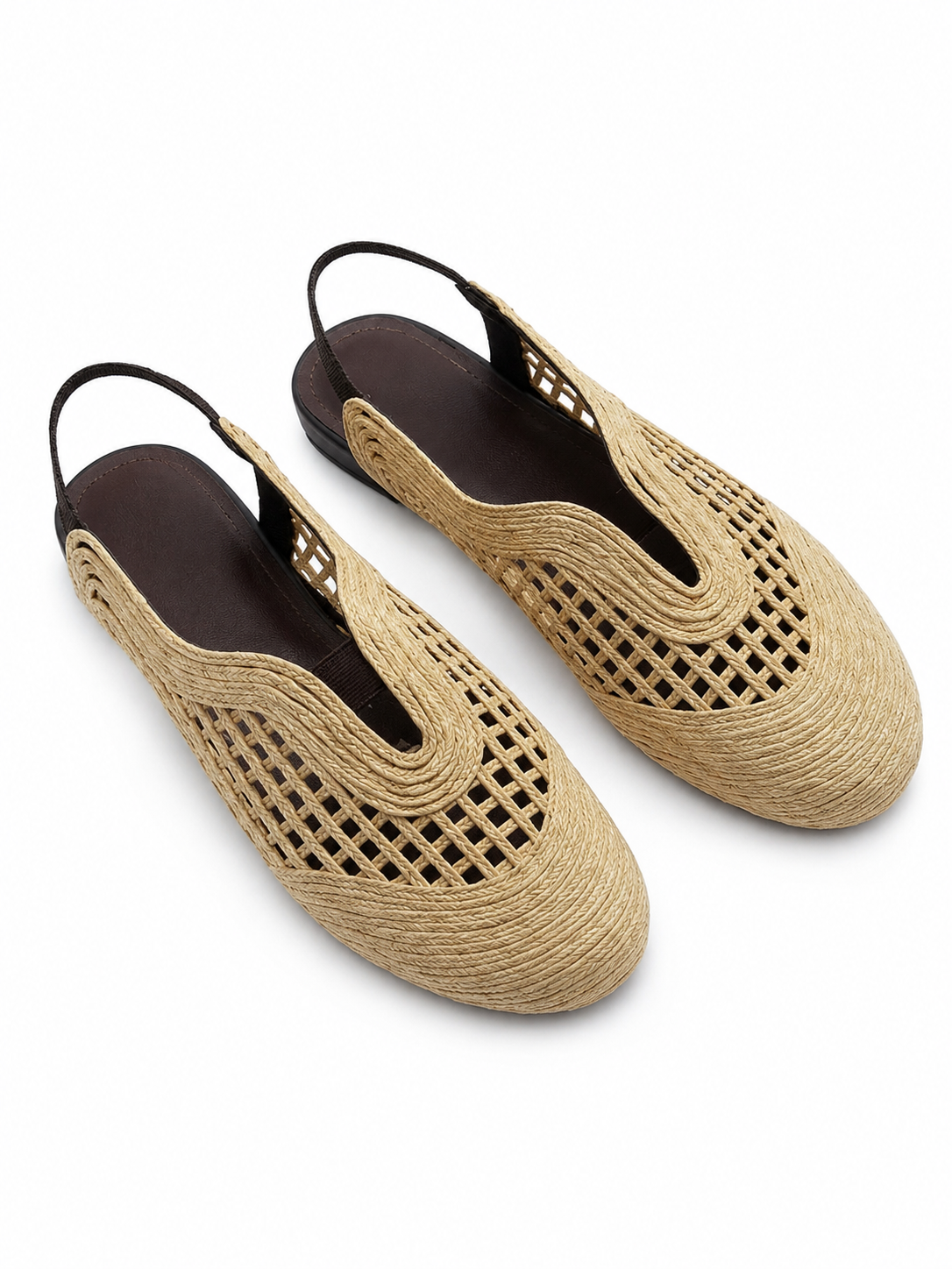 Woven Raffia Closed-Toe Slingback Flats with Hidden Wedge