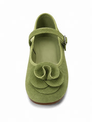 Vintage Floral Mary Jane Flats for Women – Retro Ballet Flats with Statement Rosette Strap