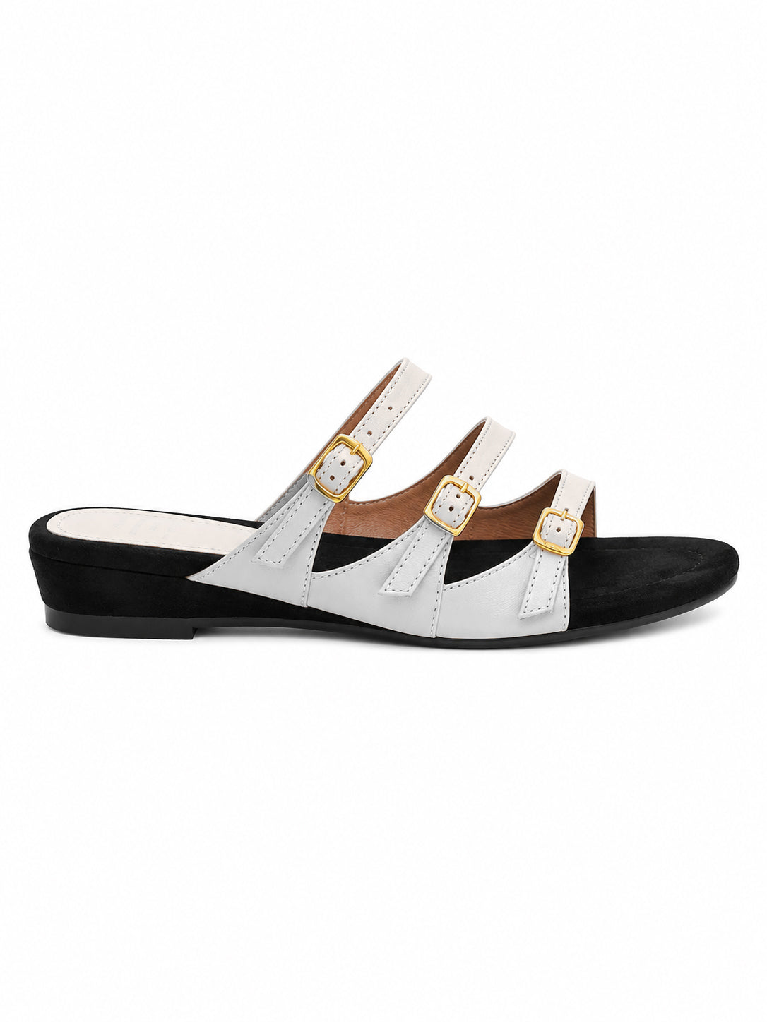 Triple Buckle Minimalist Slide Sandals for Women – Soft Comfort Low Wedge Mules
