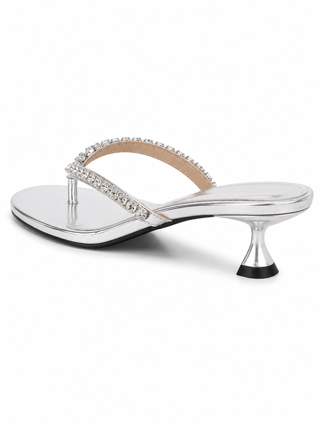 Rhinestone Kitten Heel Flip Flop Sandals – Square Toe Dressy Thong Mules for Women