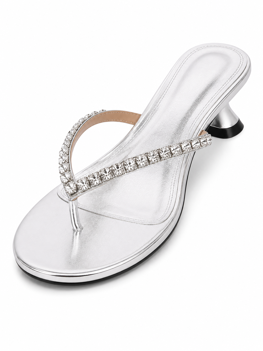 Rhinestone Kitten Heel Flip Flop Sandals – Square Toe Dressy Thong Mules for Women