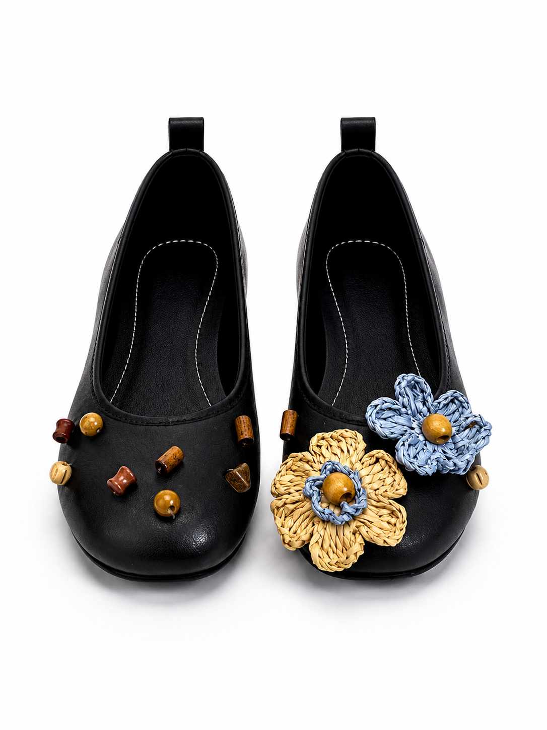 Women’s Black Ballet Flats – Comfortable Flat Shoes with Woven Flower & Wooden Bead Detail
